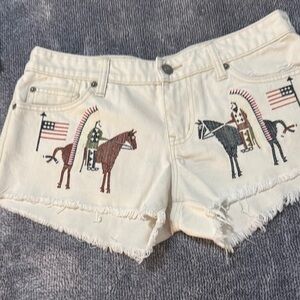 Embroidered Cream Denim Shorts